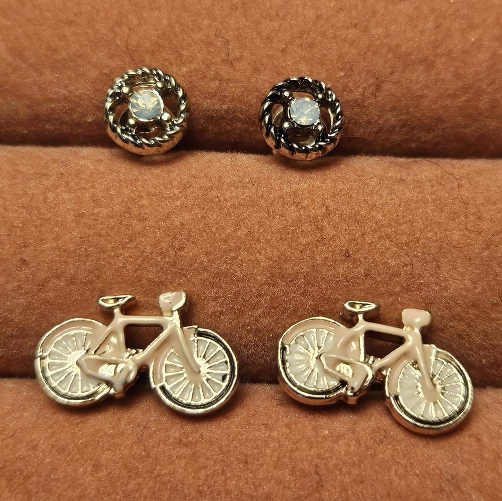 Pink Bicycle and Wheel Stud Earrings Set